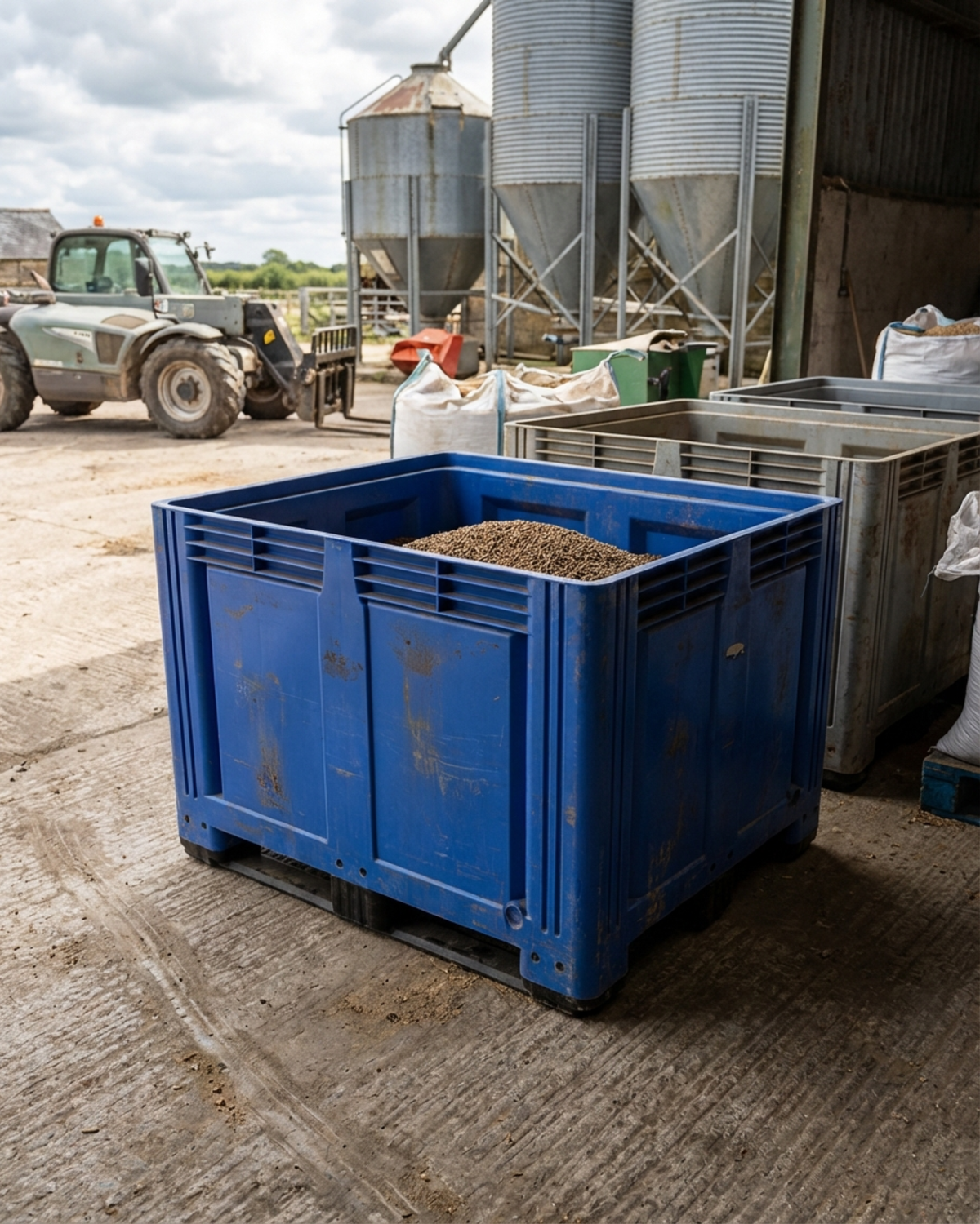 Blue plastic pallet box being used on a farm