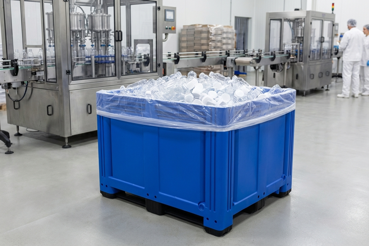 Blue heavy duty plastic pallet box being used to store plastic bottles