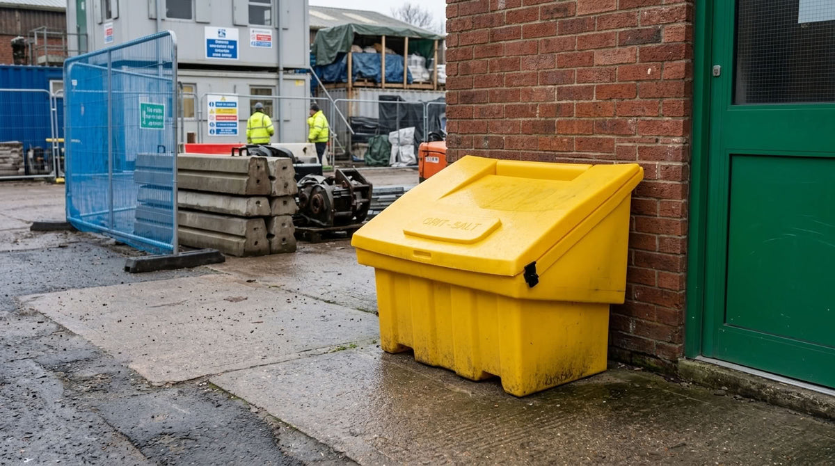 A bright yellow plastic skip bin with a hinged lid, positioned against a red brick wall next to a green door on a wet paved outdoor area.