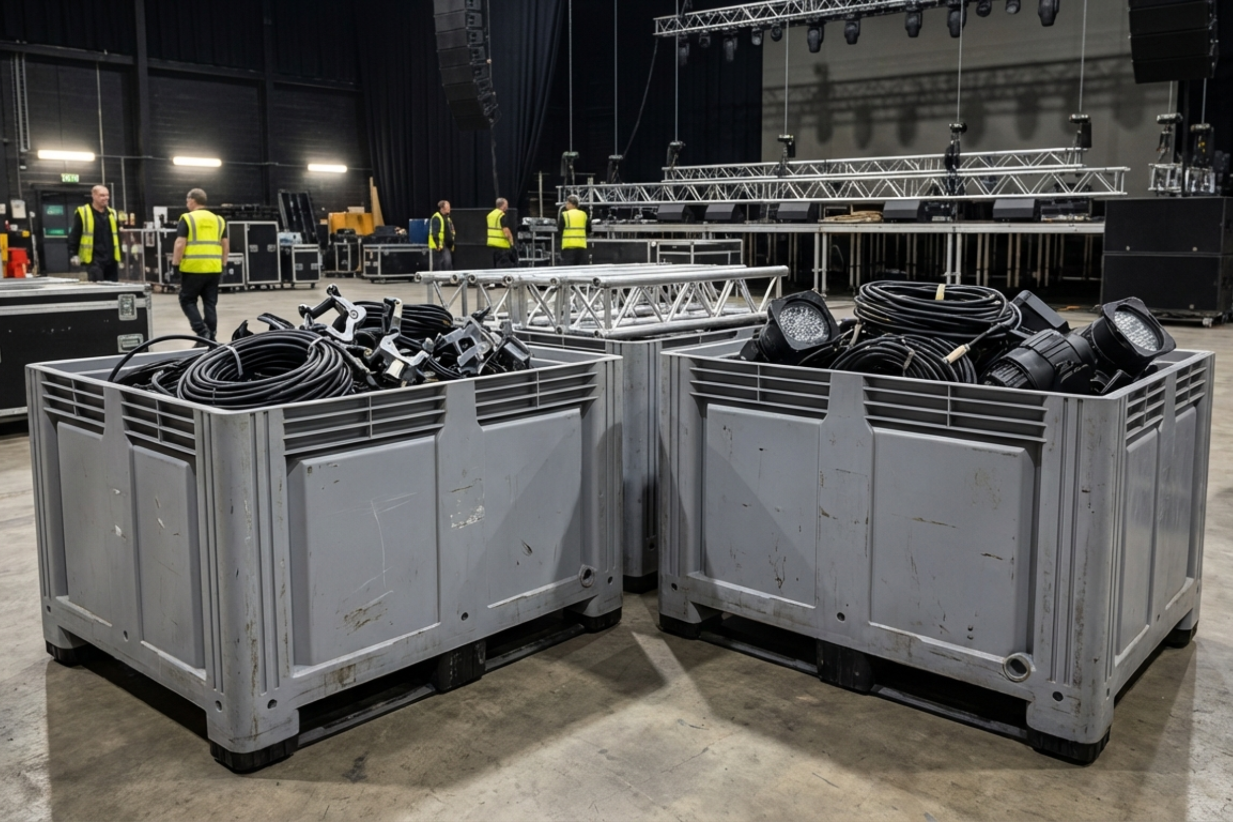Grey heavy duty plastic pallet box being used at a concert venue