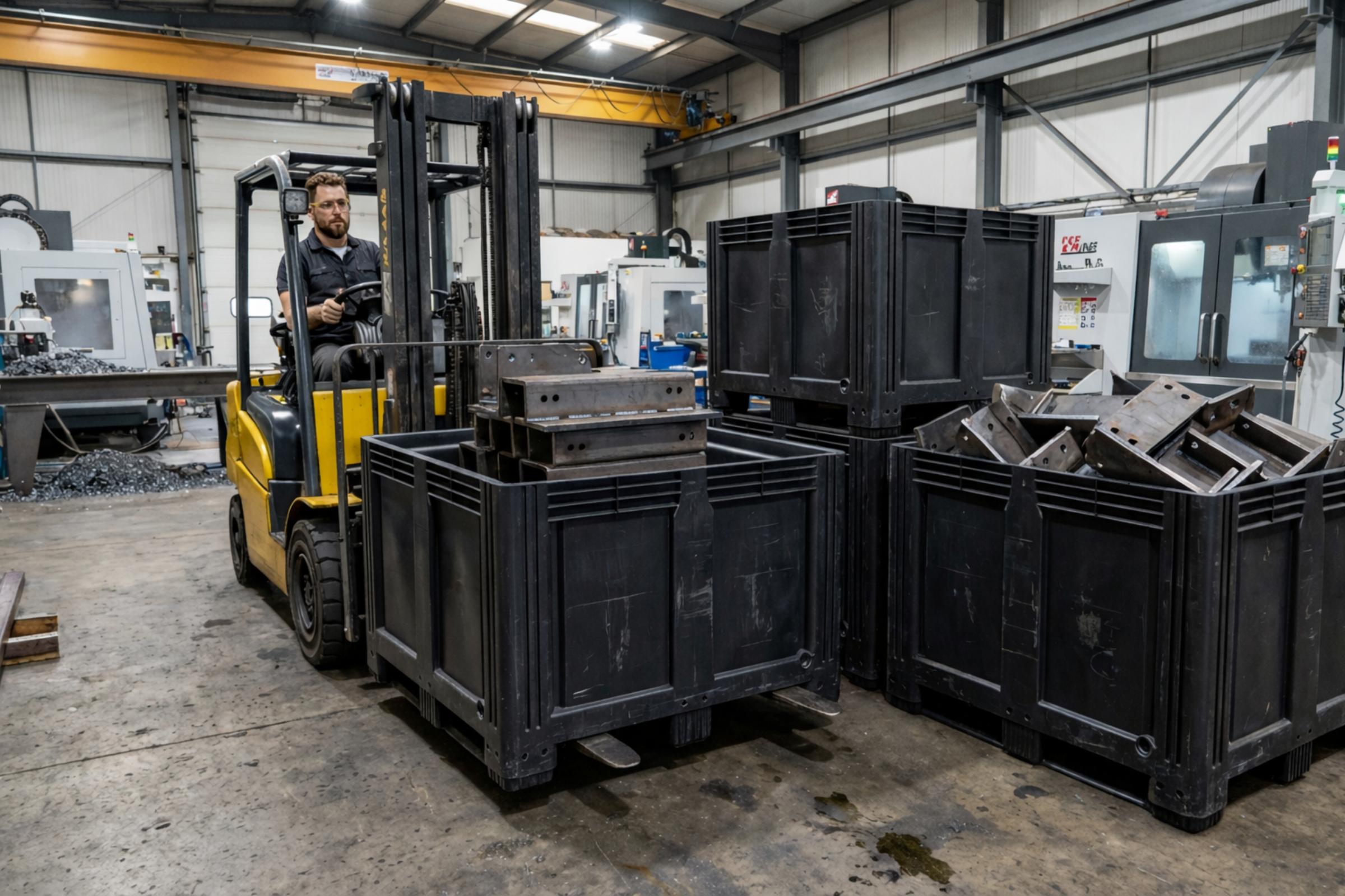 Black plastic pallet box being used in a steel fabrication factory