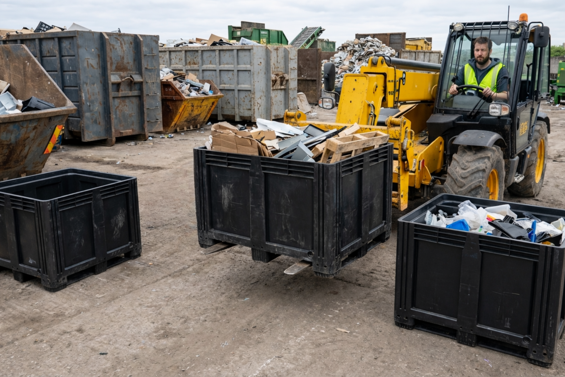 Black plastic pallet box being used in a waste and recycling centre