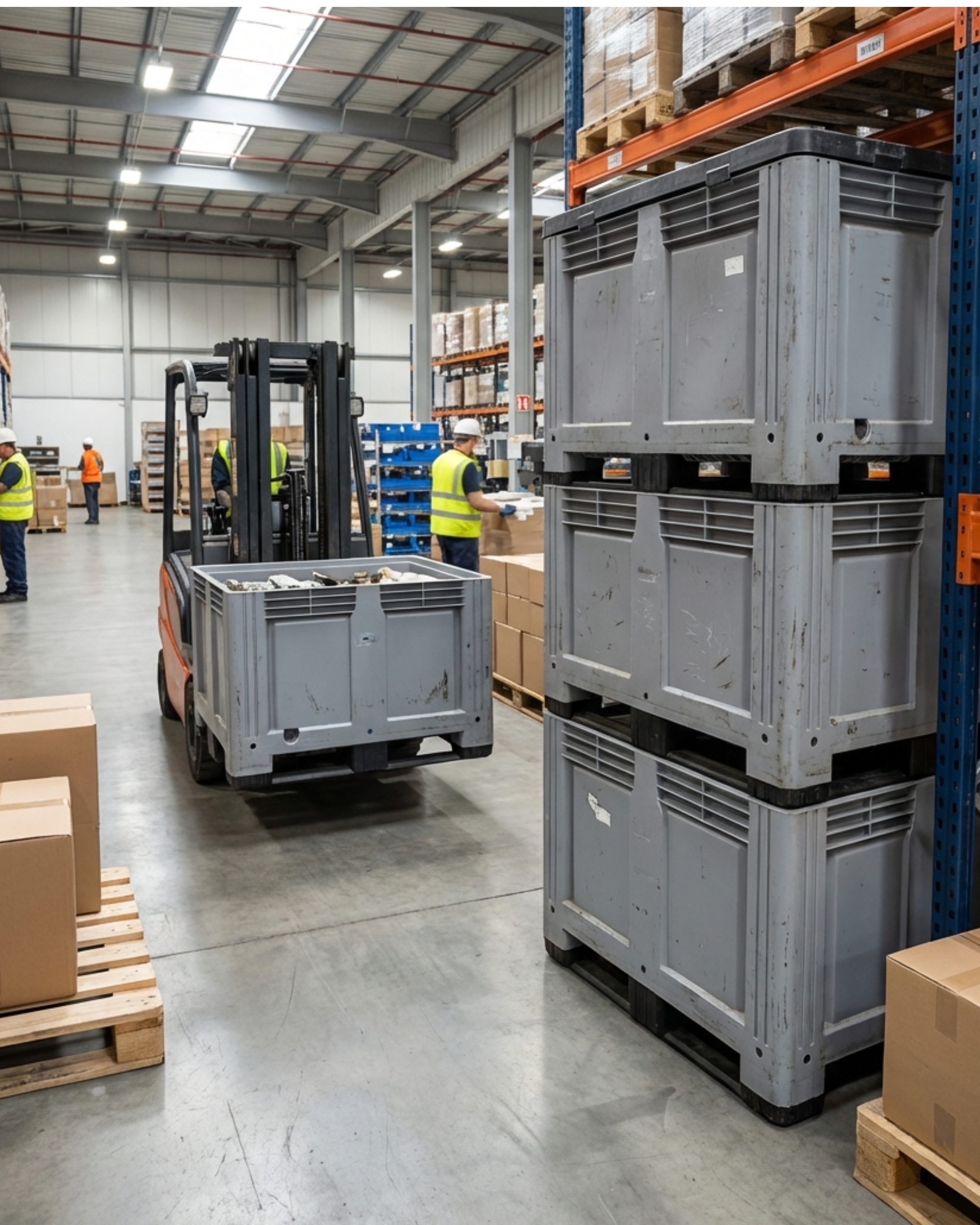 Grey heavy duty pallet box being used in a warehouse