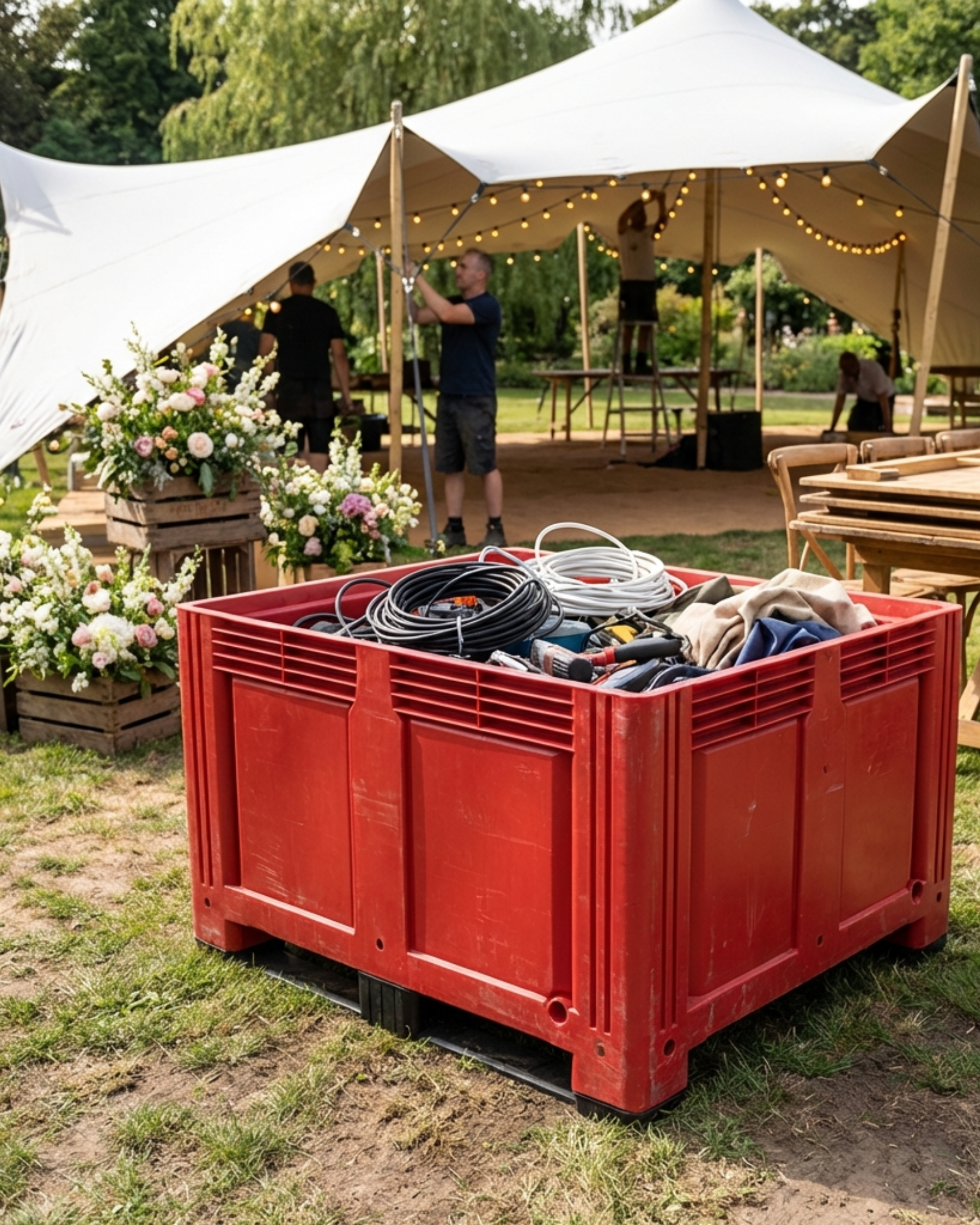 Red plastic pallet box being used at a wedding