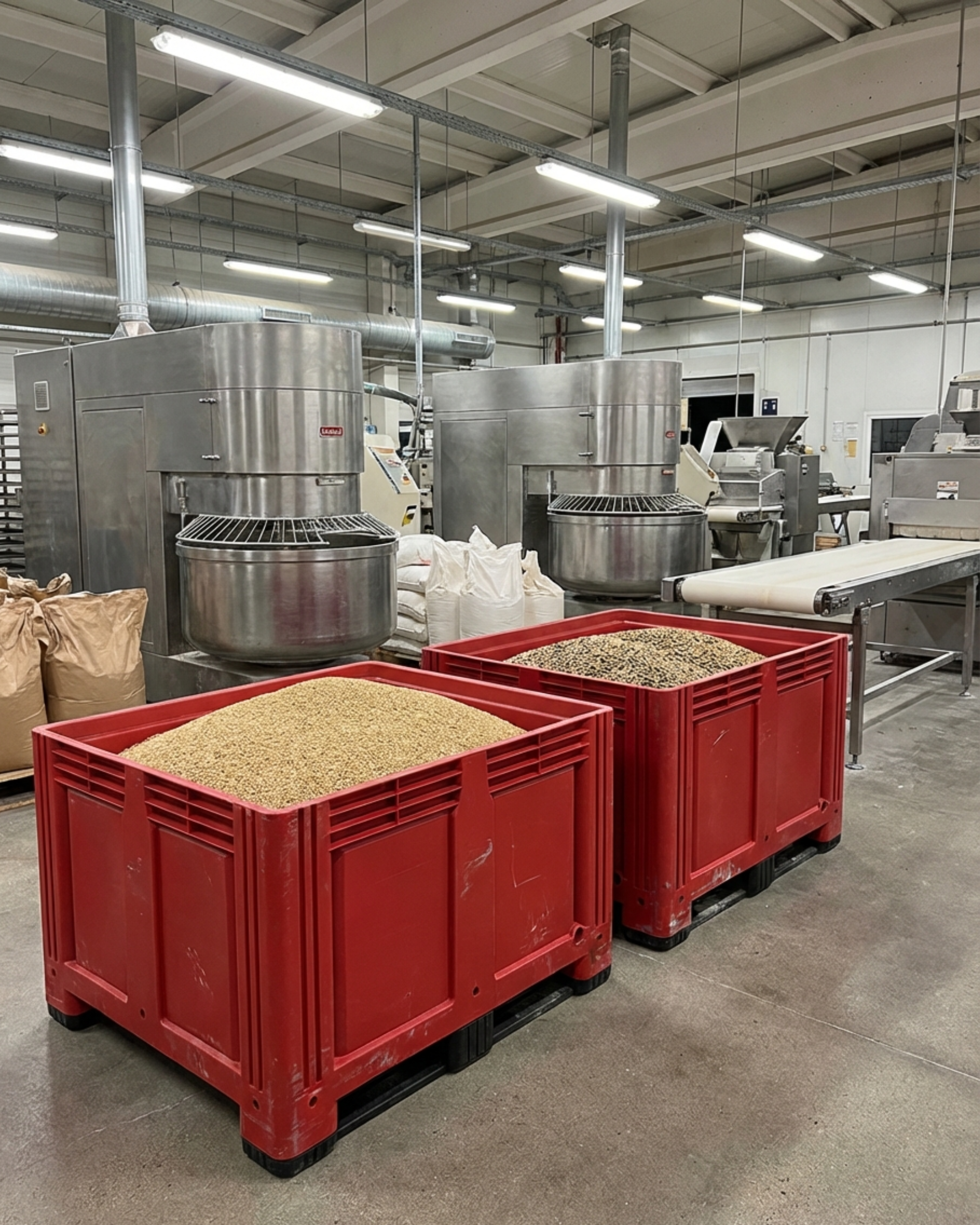Red heavy duty plastic pallet box being used in a bakery