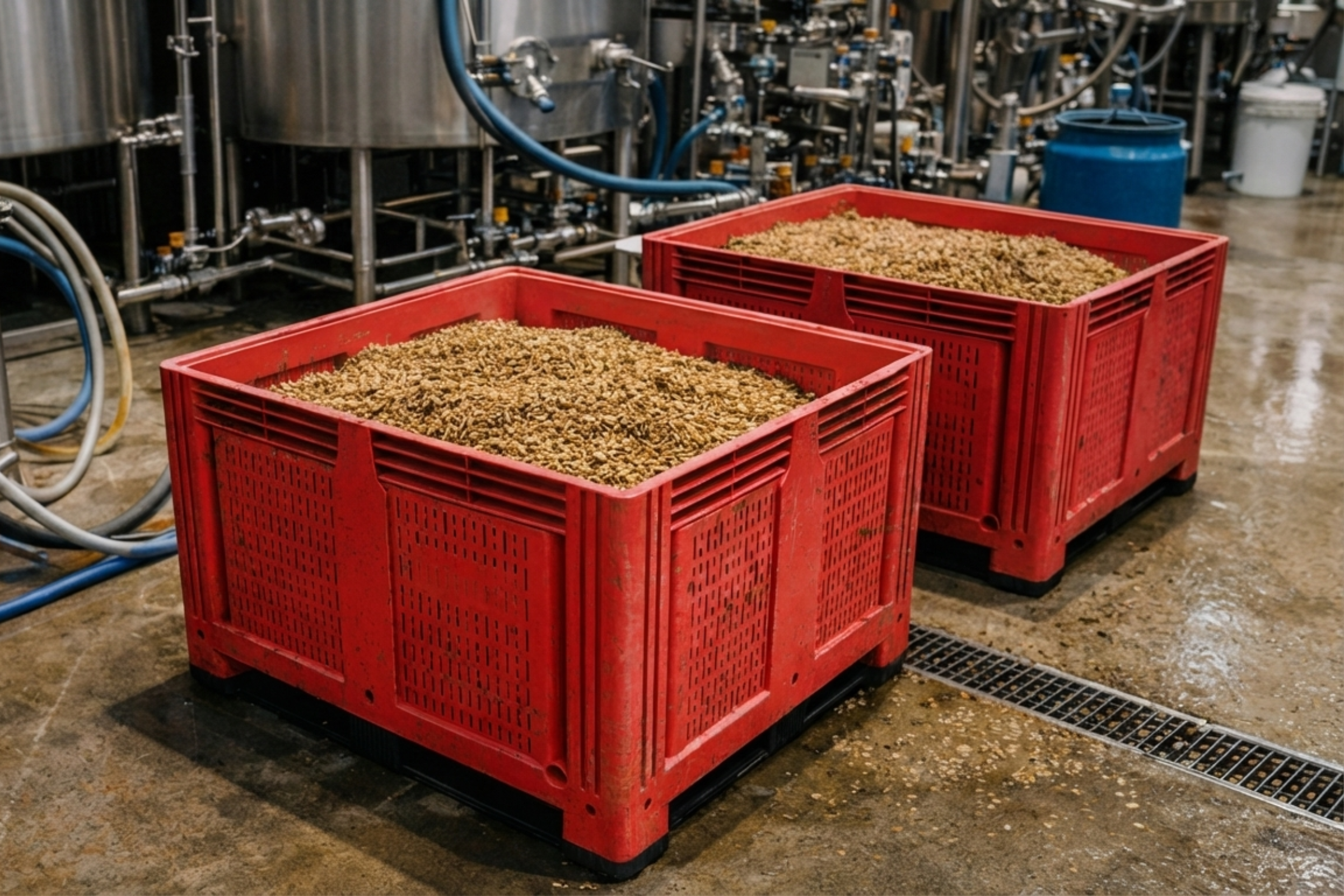 Red vented plastic pallet box used in industry