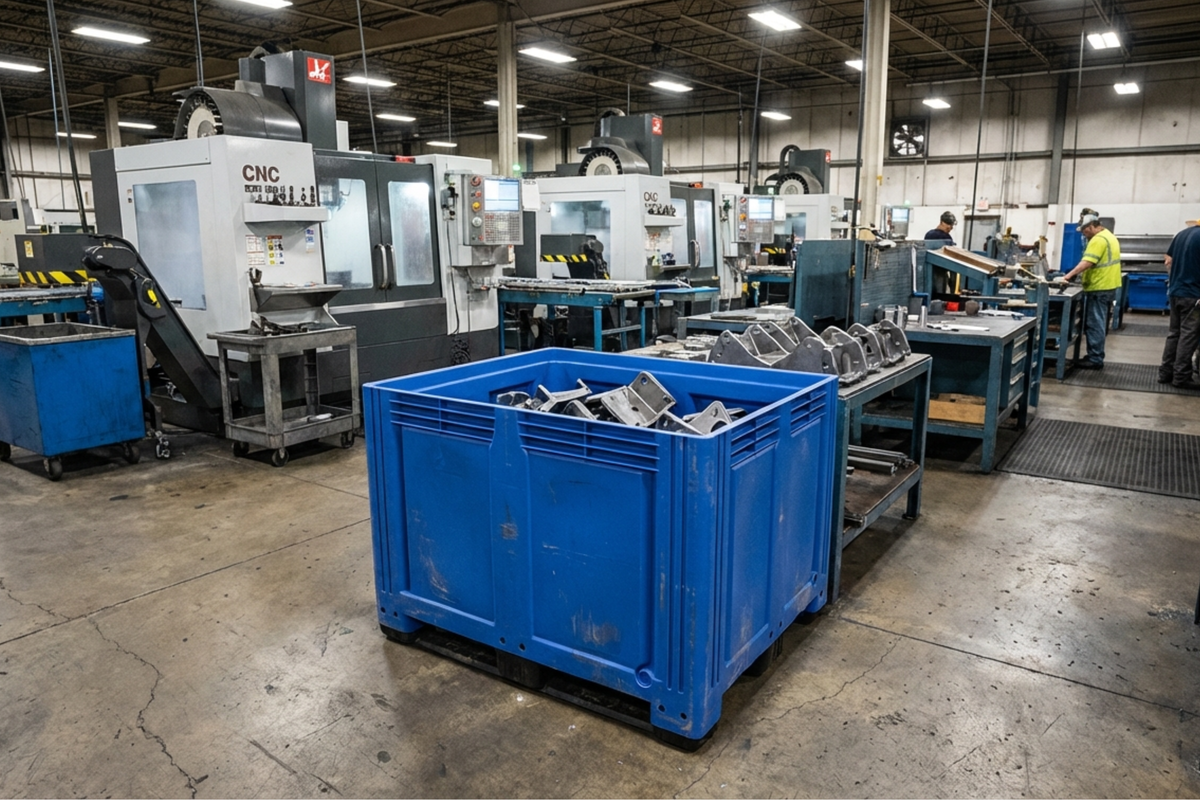 Heavy duty bleu plastic pallet box being used in automotive engineering