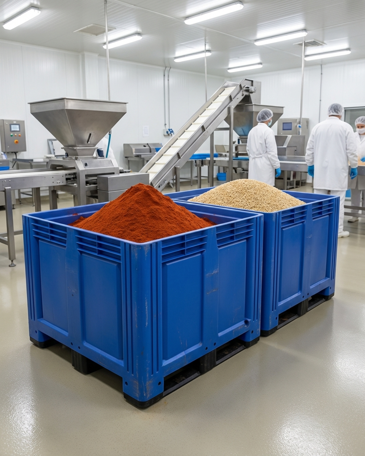 Blue heavy duty pallet box being used to store spices