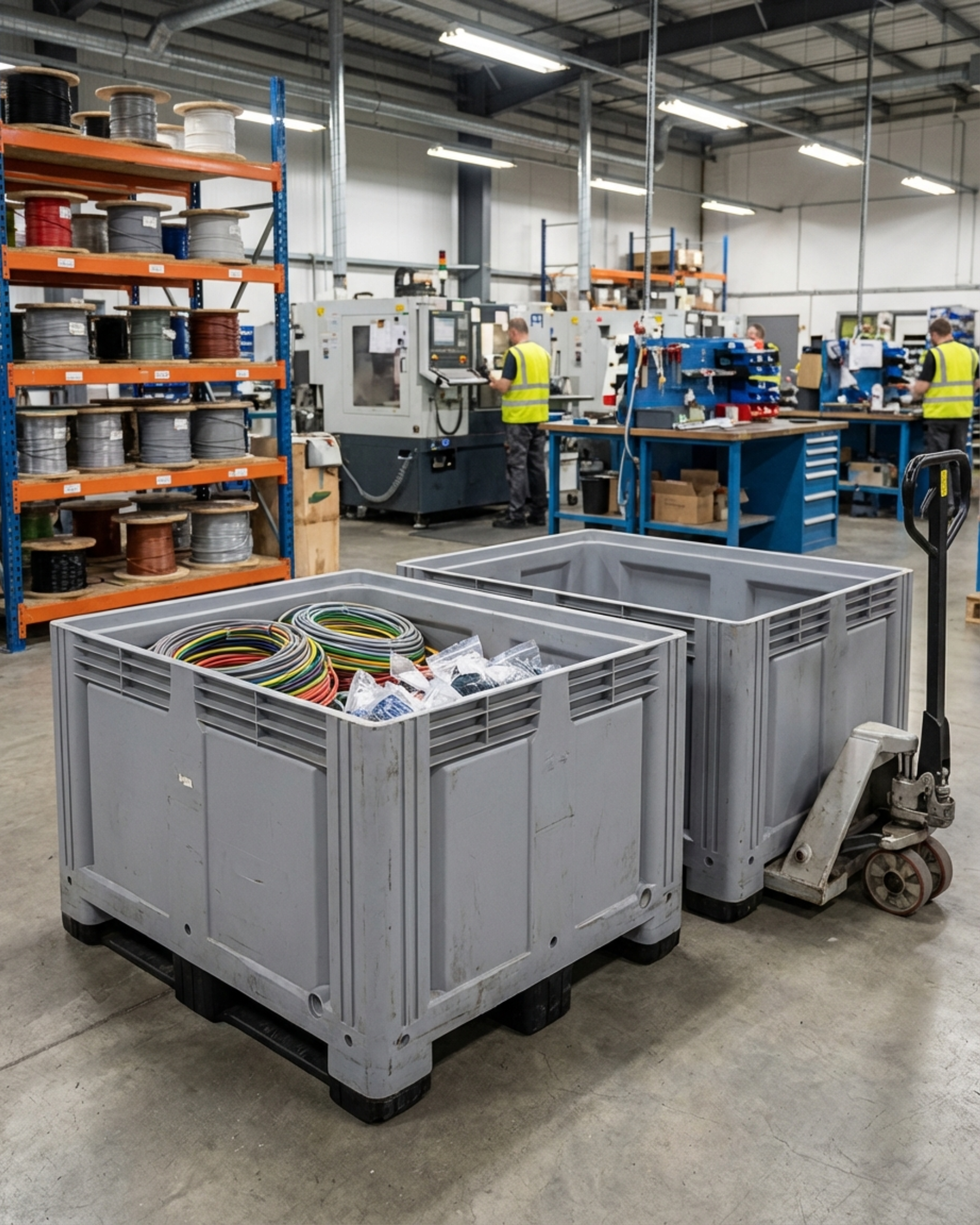 A grey heavy duty plastic pallet box being used in an electrical component factory.