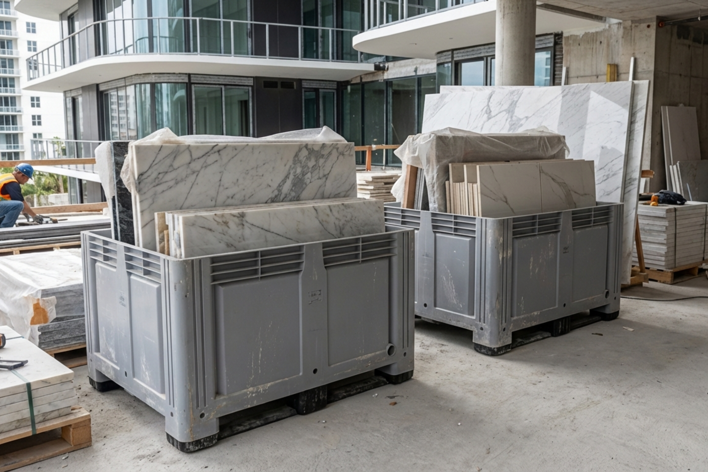 Grey heavy duty pallet boxes being used to store premium building materials