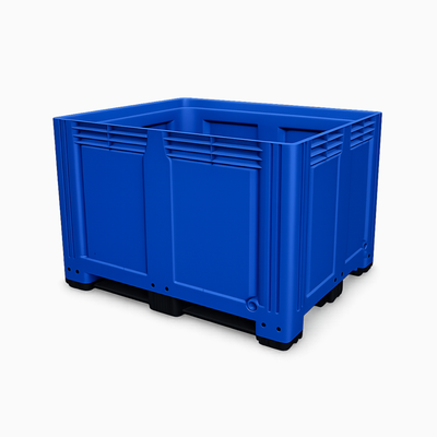 Blue heavy duty plastic pallet box with 3 skids