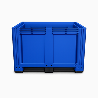 Blue heavy duty plastic pallet box with 3 skids