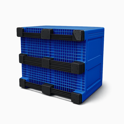 Blue heavy duty plastic pallet box with 3 skids