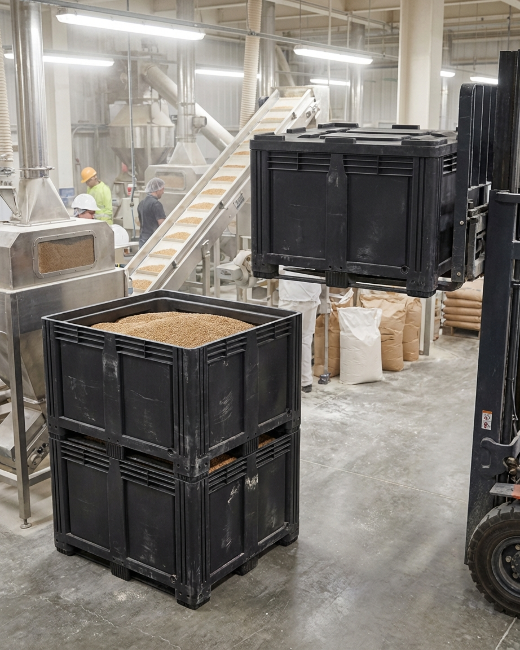 Black Plastic Pallet box used for storing grain in food production.