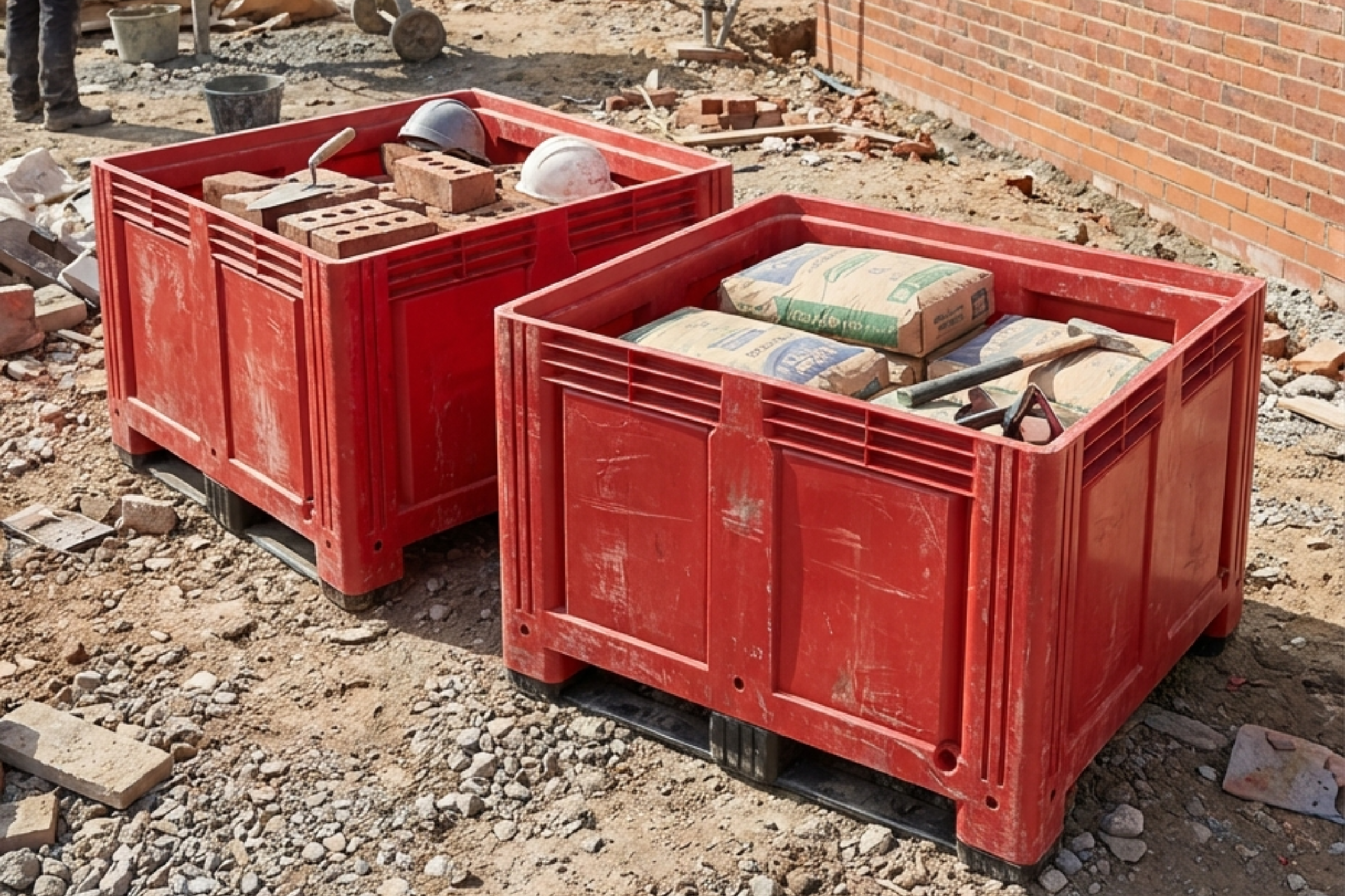 Red plastic pallet box being used in construction