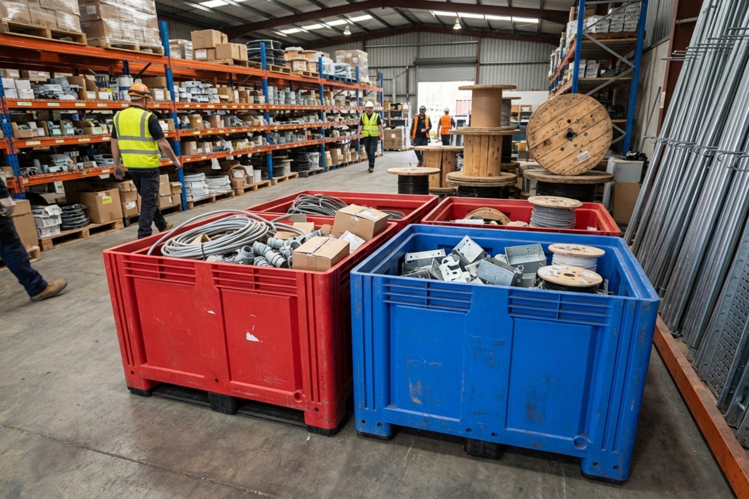 Red and Blue Pallet box being used at Electrical wholesaler