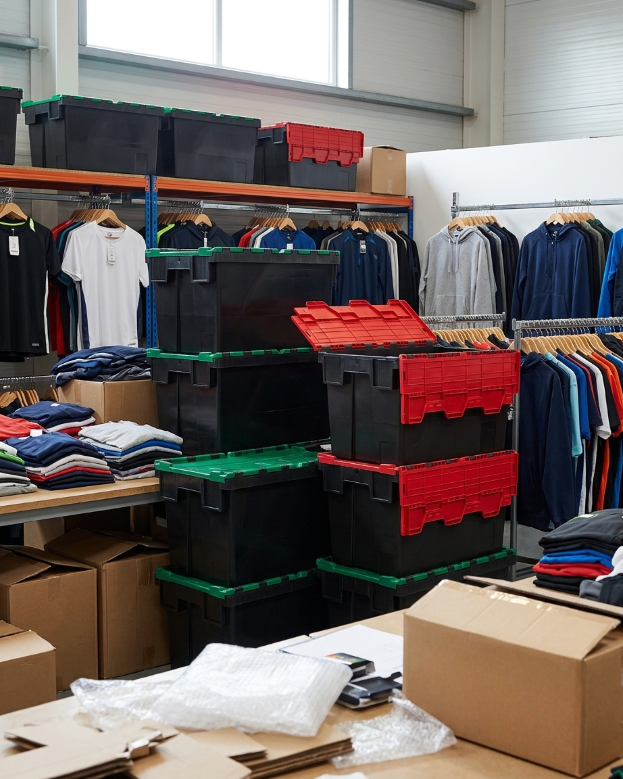 Coloured Plastic Tote Boxes in a Stock Room